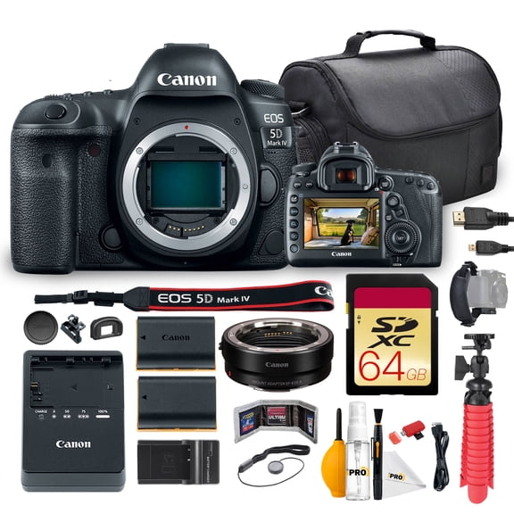 Canon EOS 5D Mark IV DSLR Camera Bundle | 30.4MP Full-Frame CMOS Sensor, Dual Pixel AF & 4K Video | For Pro Photos, Weddings, Portraits & Events (1483C002) + Adapter EF-EOS R + 64GB Card + More