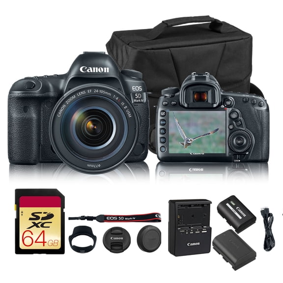 Canon EOS 5D Mark IV DSLR Camera with EF 24-105mm f/4L IS II USM Lens | Full-Frame 30.4MP, 4K Video, Dual Pixel CMOS AF | Professional Photography Kit (1483C010) + LP-E6P + Shoulder Bag + 64GB Card