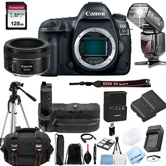 Canon EOS 5D Mark IV DSLR Camera + Canon EF 50mm f/1.8 STM Lens + 128GB Memory, TTL Speedlite Flash, Battery Grip, Filters, Case, Tripod + More (30PC Bundle Kit)