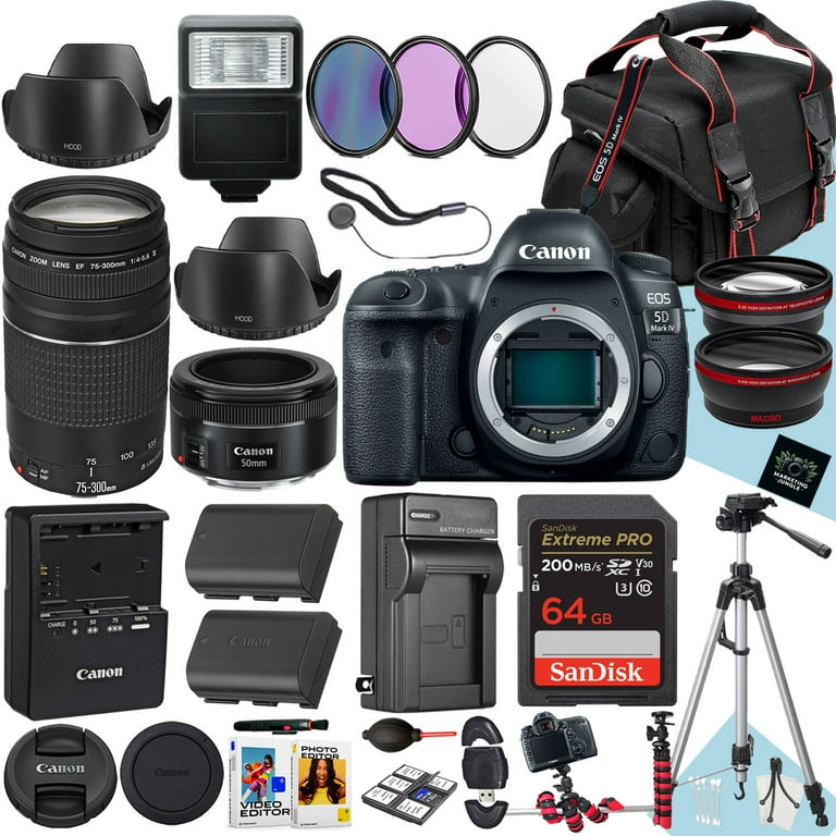 Canon EOS 5D Mark IV DSLR Camera With EF 50mm f/1.8 STM And EF 75-300mm  f/4-5.6 III Lens + 64 GB Memory + Extra Battery + Battery Charger + Filters  + 