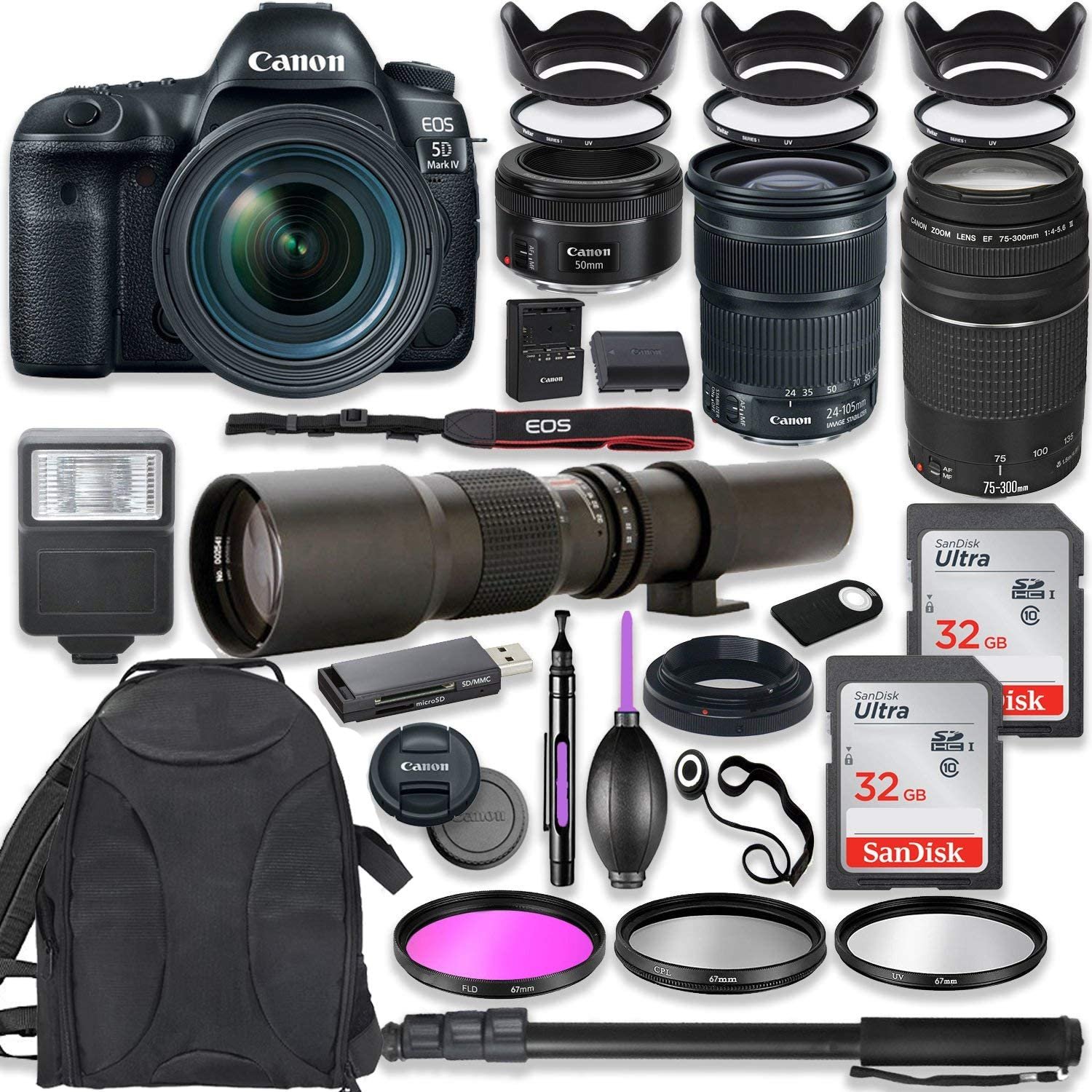 Canon EOS 5D Mark IV DSLR Camera w/ 24-105mm STM Lens Bundle + Canon EF 75-300mm III Lens, Canon 50mm f/1.8 and 500mm Preset Lens + Deluxe Backpack + 64GB Memory + Monopod + Professional Bundle - image 1 of 7