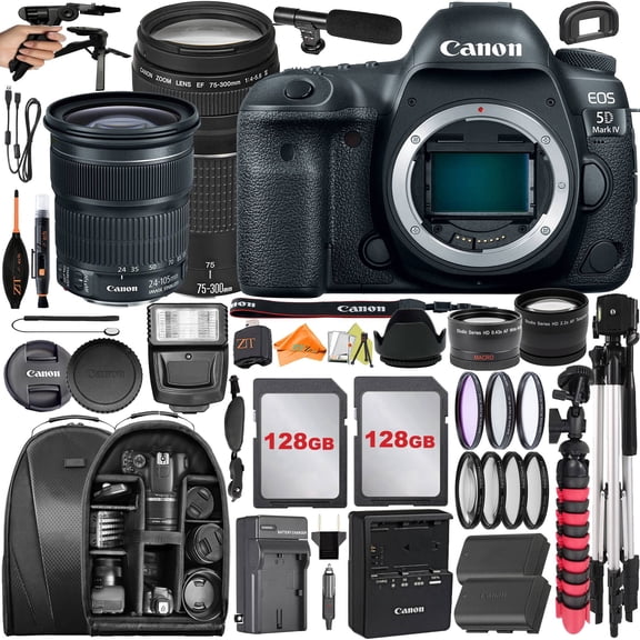 Canon EOS 5D Mark IV DSLR Camera with 24-105mm + 75-300mm Lens + 2 Pack SanDisk 128GB + Backpack + ZeeTech Accessory Bundle (International Version)