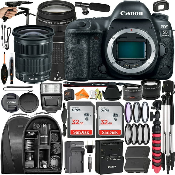 Canon EOS 5D Mark IV DSLR Camera with 24-105mm + 75-300mm Lens + 2 Pack SanDisk 32GB + Backpack + ZeeTech Accessory Bundle (International Version)