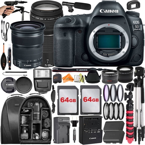 Canon EOS 5D Mark IV DSLR Camera with 24-105mm + 75-300mm Lens + 2 Pack 32GB + Backpack + ZeeTech Accessory Bundle (International Version)