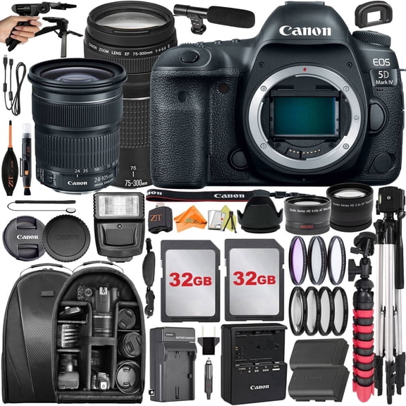 Canon EOS 5D Mark IV DSLR Camera with 24-105mm + 75-300mm Lens + 2 Pack 64GB + Backpack + ZeeTech Accessory Bundle (International Version)