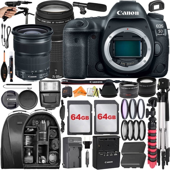 Canon EOS 5D Mark IV DSLR Camera with 24-105mm + 75-300mm Lens + 2 Pack SanDisk 64GB + Backpack + ZeeTech Accessory Bundle (International Version)