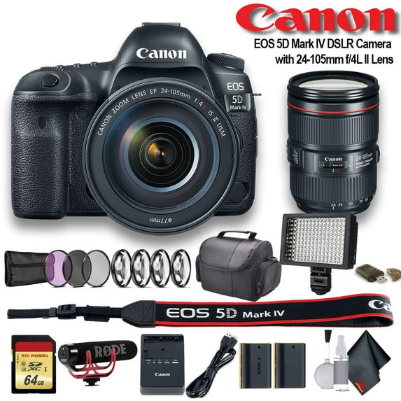 Canon EOS 5D Mark IV DSLR Camera with 24-105mm F/4L II Lens W/ Bag, Extra Battery, LED Light, Mic, Filters and More - Advanced Bundle (International Version)