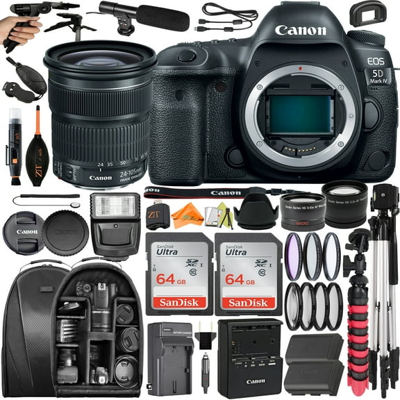 Canon EOS 5D Mark IV DSLR Camera with 24-105mm Lens + SanDisk 64GB + Backpack Case + Telephoto + ZeeTech Accessory Bundle (International Version)