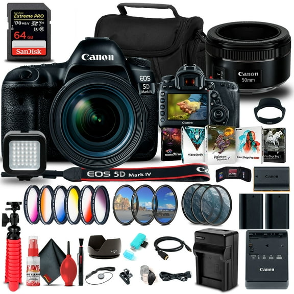 Canon EOS 5D Mark IV DSLR Camera with 24-70mm F/4L Lens (1483C018) + Canon EF 50mm Lens + More (International Version)