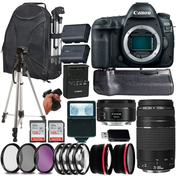 Canon EOS 5D Mark IV DSLR with EF 50mm F/1.8 STM & EF 75-300mm F/4-5.6 III Lenses, 128GB SD, Backpack - New (23PC Kit) (International Version)