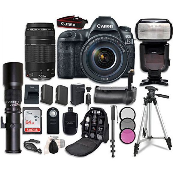 Canon EOS 5D Mark IV Digital SLR Camera Bundle with EF 24-105mm f/4L IS II USM Lens + Canon EF 75-300mm f/4-5.6 II Lens + Professional Accessory Bundle (15 items)