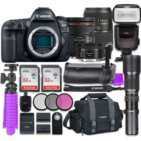 Canon EOS 5D Mark IV Digital SLR Camera with Canon EF 24-70mm f/4L is USM Lens + Tamron Zoom 70-300mm f/4-5.6 Di LD Macro Autofocus + Canon EF 50mm f/1.8 STM Lens, Accessory Bundle