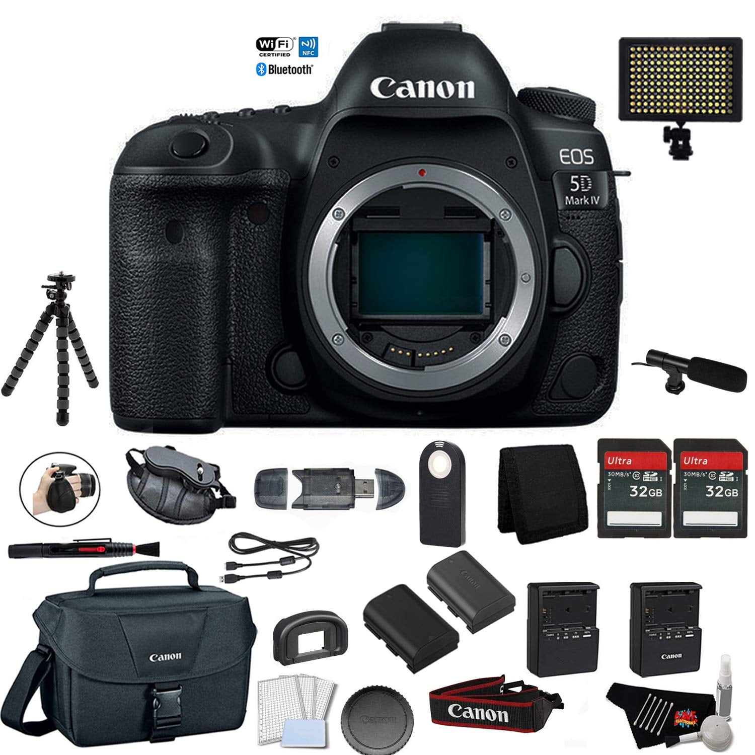 Canon EOS 5D Mark IV Full Frame Digital SLR Camera Body Bundle +Microphone  + Screen Protectors + LED Light + 2 x 32GB Memory Cards