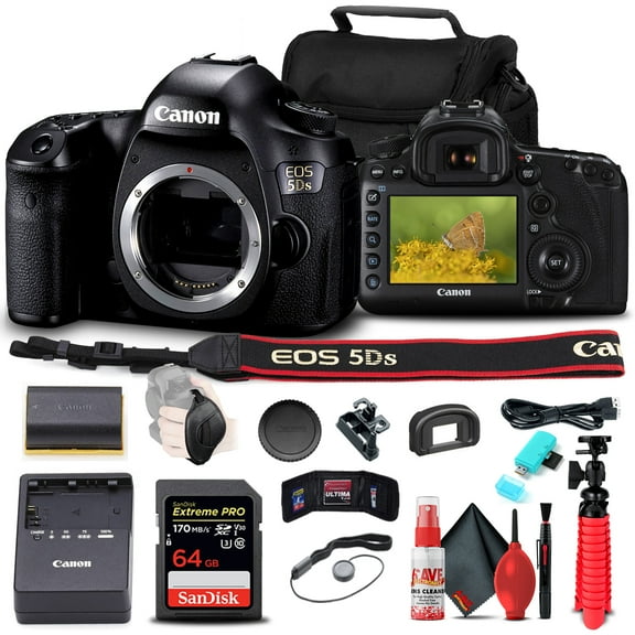 Canon EOS 5DS DSLR Camera (Body Only) (0581C002) + 64GB Memory Card + Card Reader + Case + Flex Tripod + Hand Strap + Cap Keeper + Memory Wallet + Cleaning Kit (International Version)