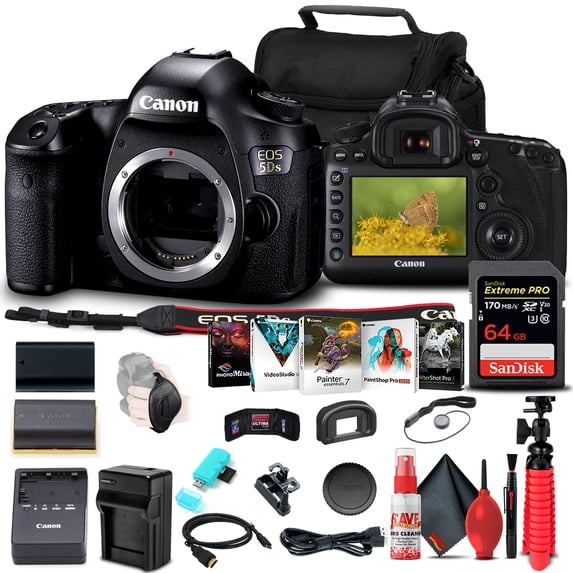 Canon EOS 5DS DSLR Camera Body Only 0581C002 64GB Memory Card LPE6 Battery External Charger Card Reader Corel Photo Software Case Flex Tripod HDMI Cable Hand Strap International Model