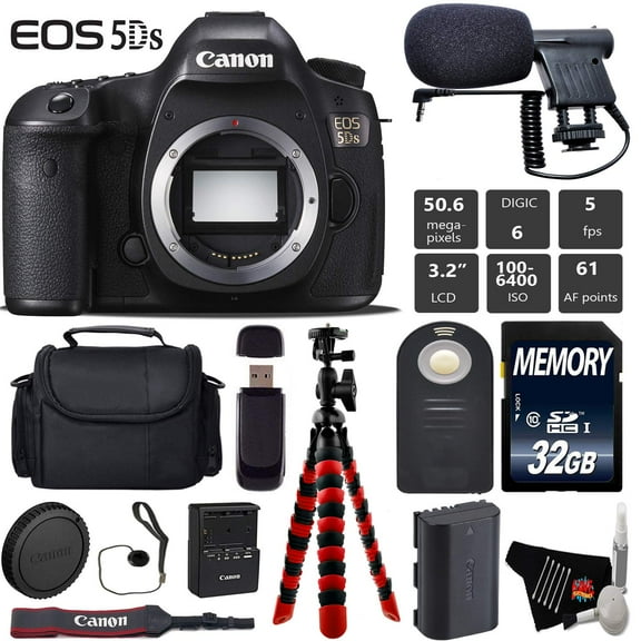 Canon EOS 5DS DSLR Camera (Body Only) + Wireless Remote + Condenser Microphone + Case + Wrist Strap + Tripod + Card Reader - Intl Model