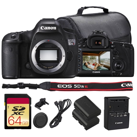 Canon EOS 5DS R DSLR Camera Bundle | 50.6MP Full-Frame Sensor, Low-Pass Filter Cancellation, Dual DIGIC 6 & Advanced AF System | Great for Studio & Commercial Photos (0582C002) + 64GB Card + Battery