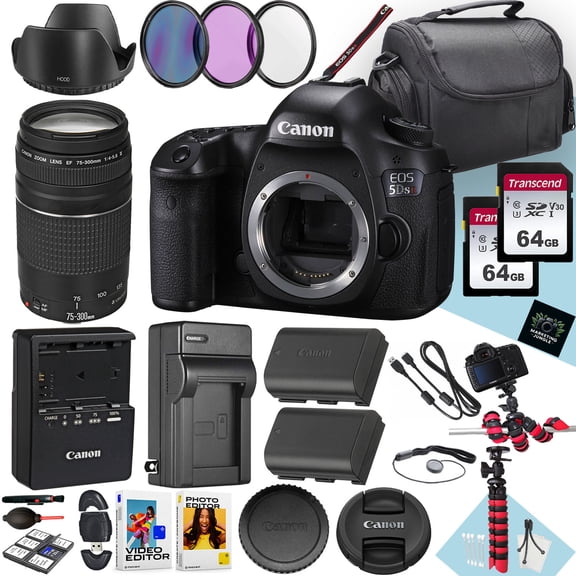 Canon EOS 5DS R DSLR Camera With EF 75-300mm f/4-5.6 III Lens + 128 GB Memory + Extra Battery + Battery Charger + Filters + Spider Tripod + More (30pc Bundle) (International Version)