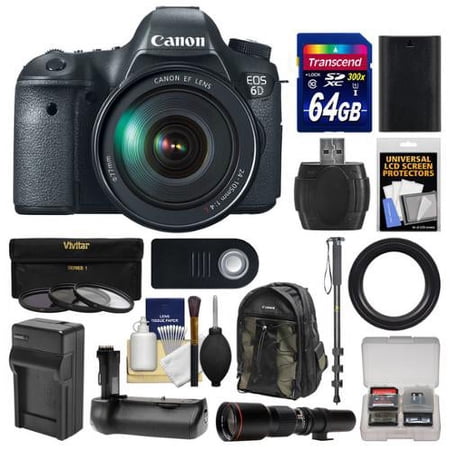 Canon EOS 6D Digital SLR Camera Body with EF 24-105mm L IS USM & 500mm Telephoto Lens + 64GB Card + Backpack + Battery &