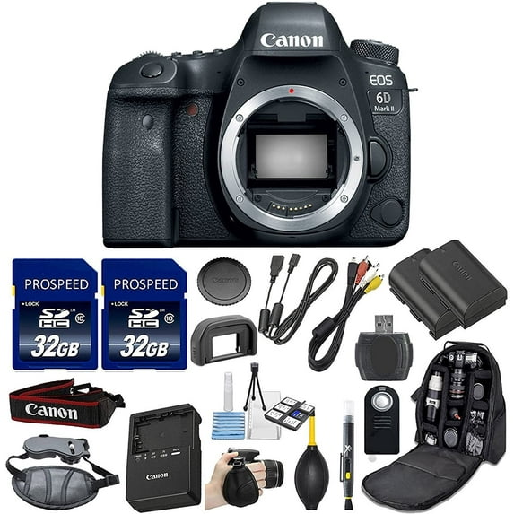 Canon EOS 6D Mark II DSLR Camera 26.2 MP Body Only Kit Includes 2Pcs 32GB Commander Memory Card + Extra Battery + Backpack Case + Grip Strap + Air Blower + Cleaning Kit