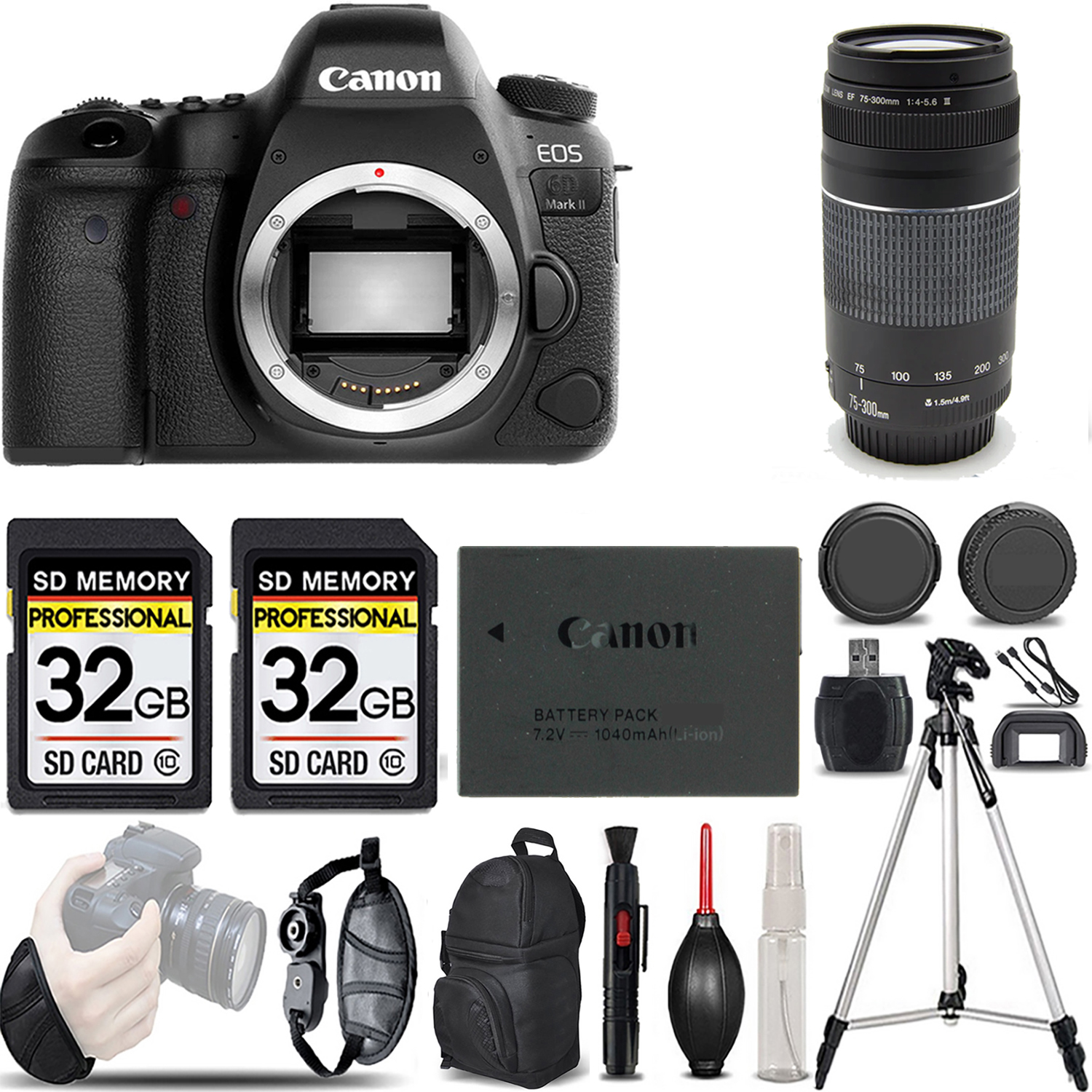 Canon EOS 6D Mark II DSLR Camera +75-300mm f/4-5.6 III Lens 
