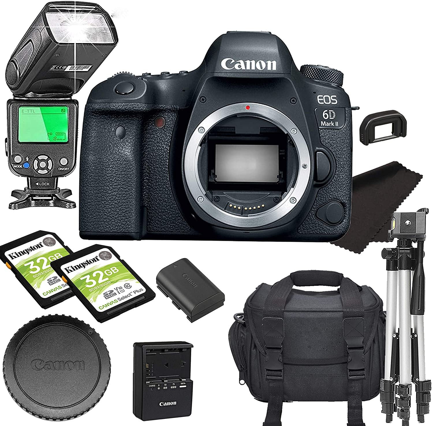 Canon EOS 6D Mark II DSLR Camera Body NO Lens Bundle Built-in Wi-Fi DIGIC 7  Image Processor and Full HD Videos + 64GB + TTL Bounce Flash 14pcs