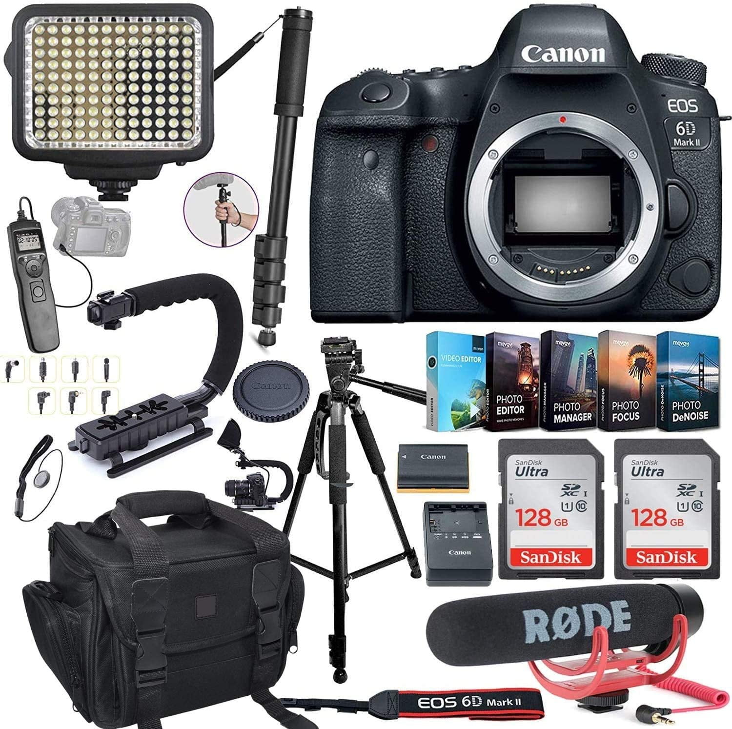 Canon EOS 6D Mark II DSLR Camera (Body Only) Bundle Includes 2X 128GB Memory, LED Video Light, Case, Rode Microphone, U-Grip, Time Remote with LCD, Photo/Video Software Package & More - Walmart.com Canon EOS 6D Mark II DSLR Camera (Body Only) Bundle Includes 2X 128GB Memory, LED Video Light, Case, Rode Microphone, U-Grip, Time Remote with LCD, Photo/Video Software Package & More - Walmart.com