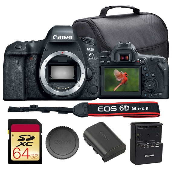 Canon EOS 6D Mark II DSLR Camera Bundle | 26.2MP Full-Frame Sensor, Dual Pixel CMOS AF, Vari-Angle Touchscreen & Full HD Video | Great for Portraits & Travel (1897C002) + 64GB Card + Bag