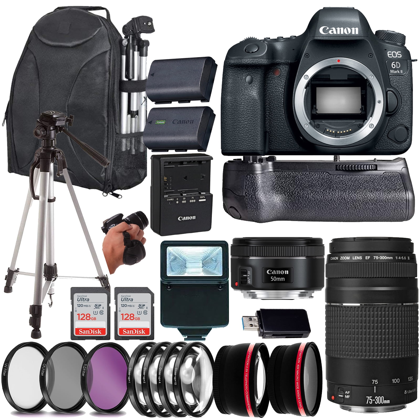 Canon EOS 6D Mark II DSLR Camera Canon EF 50mm f/1.8 STM+Canon EF 75-300mm  f/4-5.6 III Lens 128 Gig SD Card+backpack (23PC Kit)