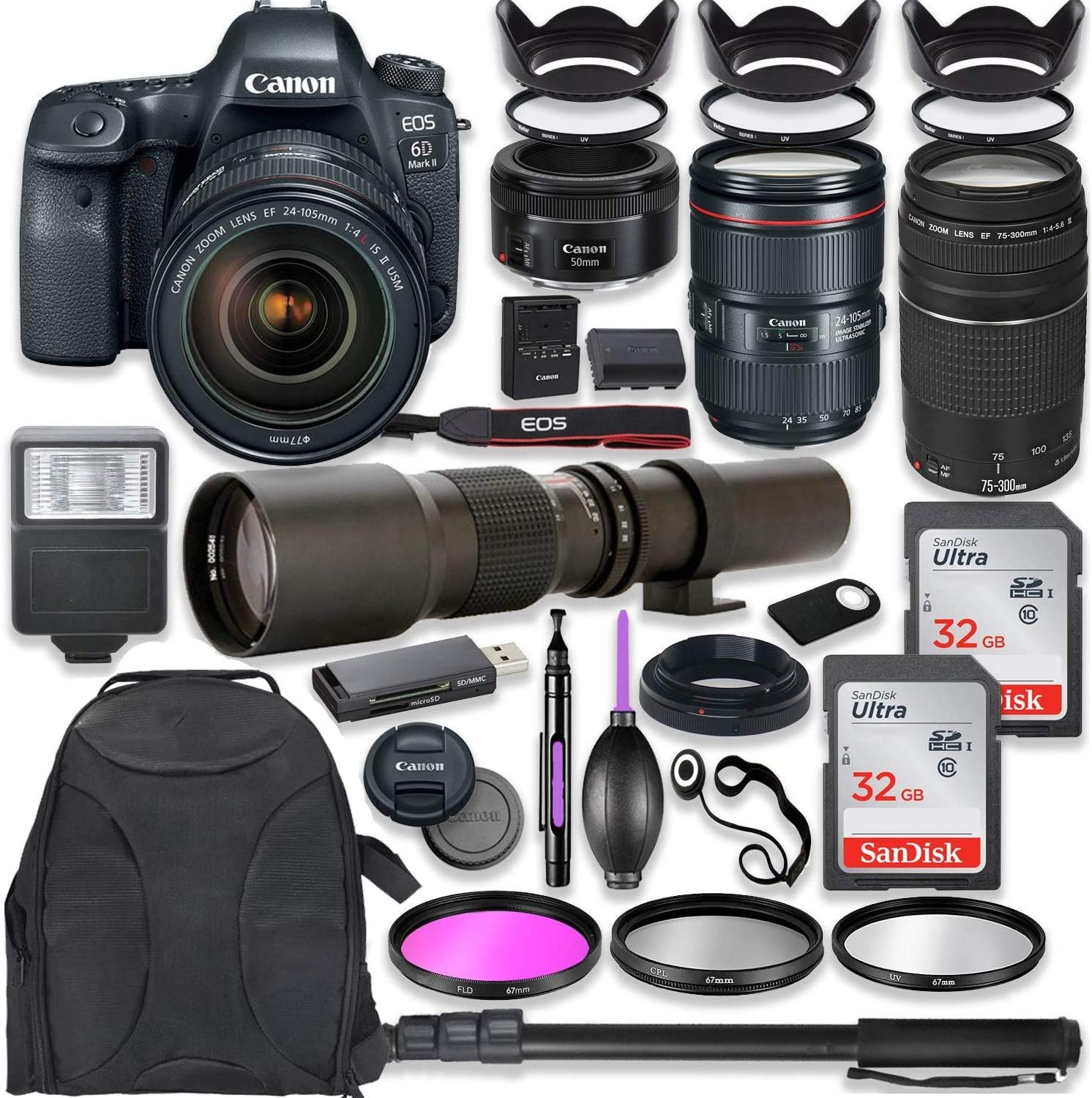 Canon EOS 6D Mark II DSLR Camera w/ 24-105mm USM Lens Bundle + Canon EF 75-300mm III Lens, Canon 50mm f/1.8 and 500mm Preset Lens + Deluxe Backpack + 64GB Memory + Monopod + Professional Bundle - image 1 of 9