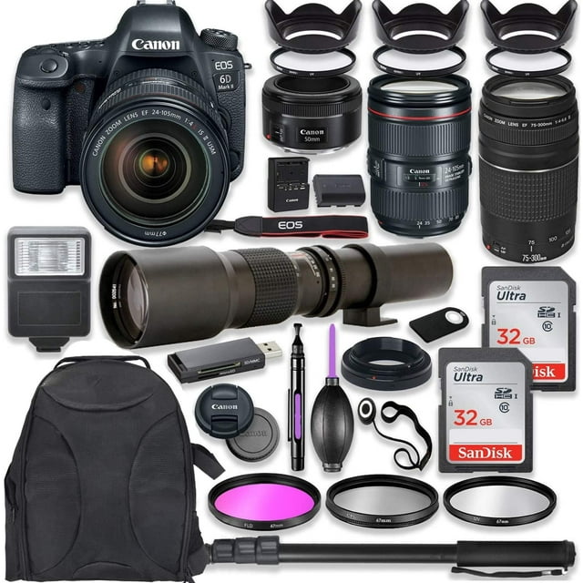 Canon EOS 6D Mark II DSLR Camera w/ 24-105mm USM Lens Bundle + Canon EF 75-300mm III Lens, Canon 50mm f/1.8 and 500mm Preset Lens + Deluxe Backpack + 64GB Memory + Monopod + Professional Bundle
