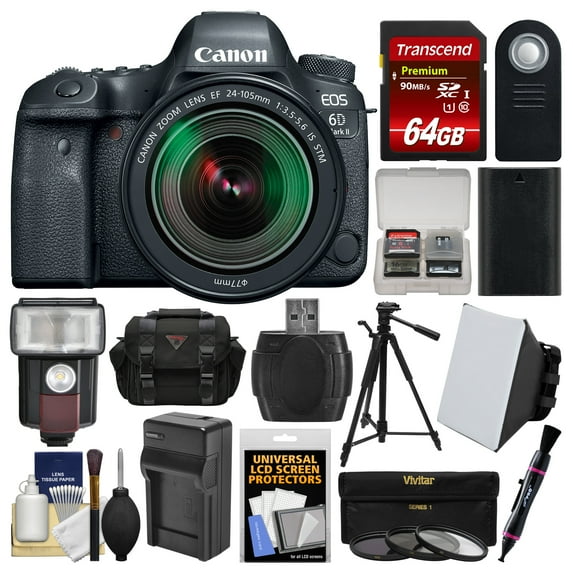 Canon EOS 6D Mark II Wi-Fi Digital SLR Camera & EF 24-105mm IS STM Lens with 64GB Card + Case + Flash + Battery & Charger + Tripod + Filters Kit