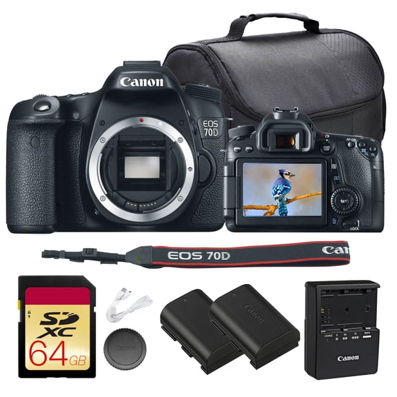Canon EOS 70D DSLR Camera Bundle | 20.2MP APS-C Sensor, Dual Pixel CMOS AF, DIGIC 5+ Processor & Vari-Angle Touchscreen | Great for Video & Vlogging (8469B002) + 64GB Card + Camera Bag + Battery