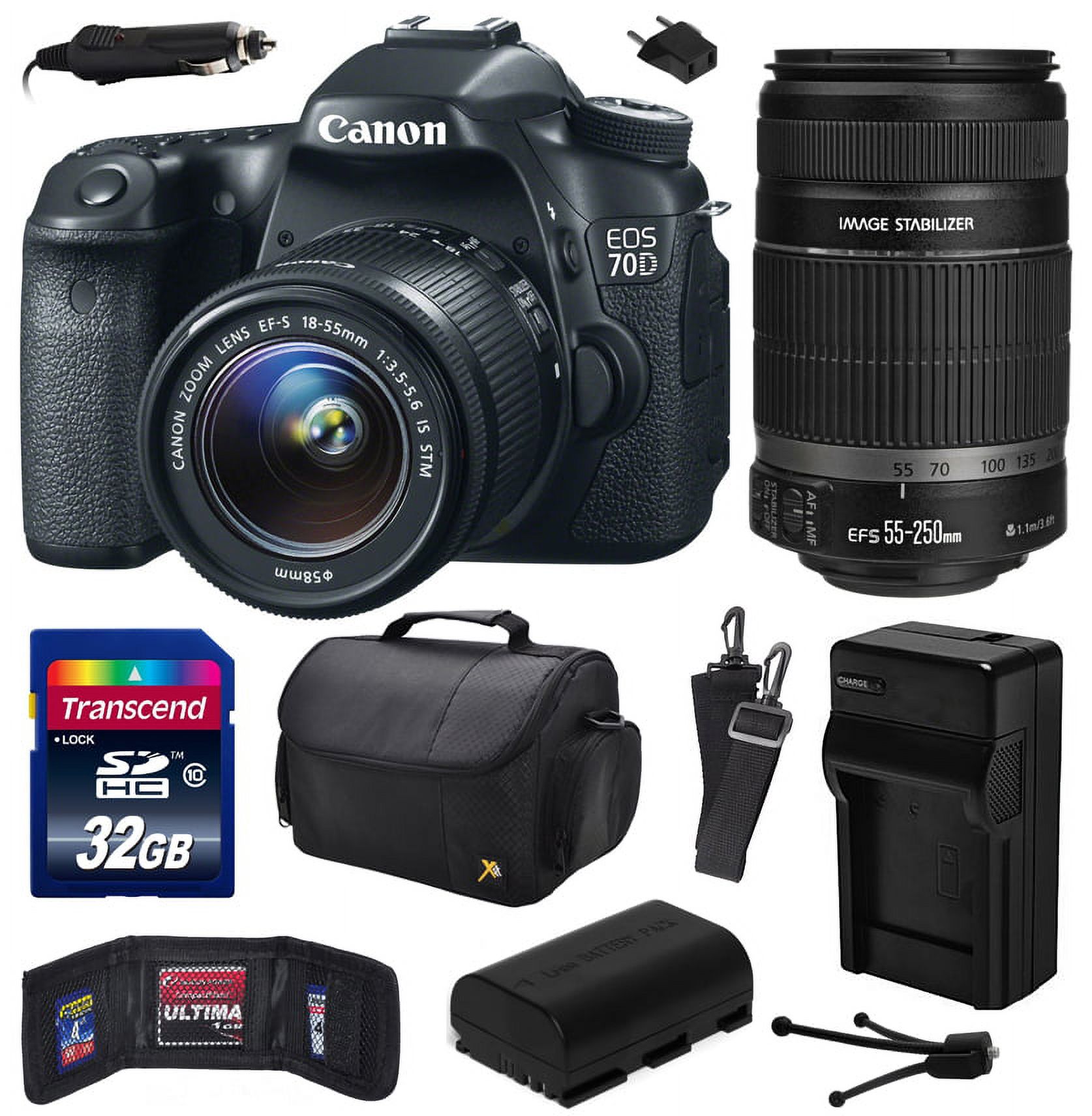 Canon EOS 70D Digital SLR Camera with 18-55mm STM and EF-S 55-250mm f/4-5.6 IS II Lens includes 32GB Memory + Large Case + Extra Battery + Travel Charger + Memory Card Wallet + Cleaning Kit 8469B009 - image 1 of 10