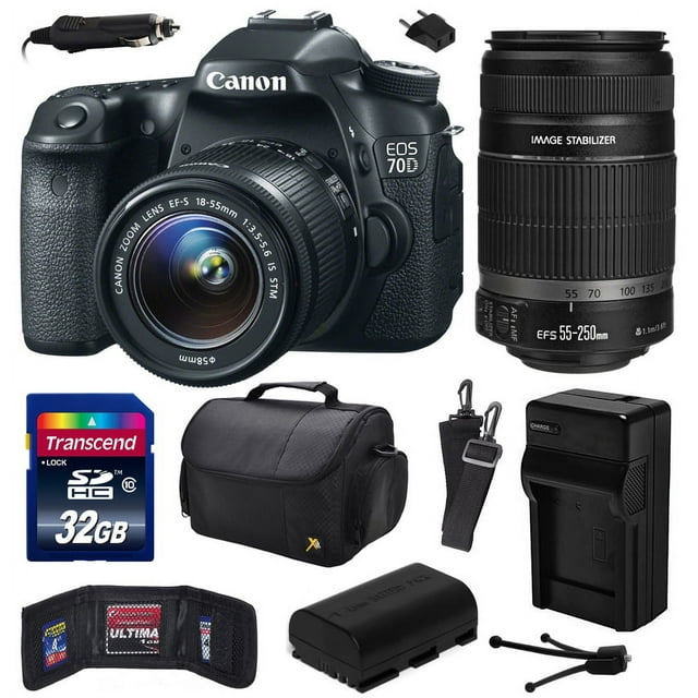 Canon EOS 70D Digital SLR Camera with 18-55mm STM and EF-S 55-250mm f/4-5.6 IS II Lens includes 32GB Memory + Large Case + Extra Battery + Travel Charger + Memory Card Wallet + Cleaning Kit 8469B009