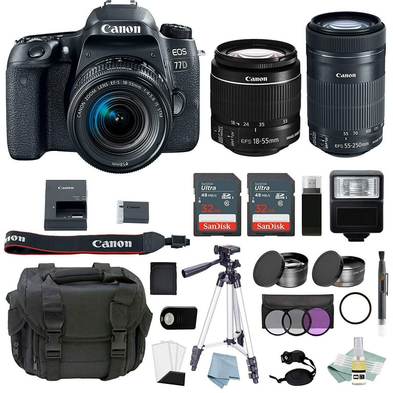 Canon EOS 77D w/ 18-55mm IS STM & EF-S 55-250mm Lenses + Advanced Accessory  Bundle