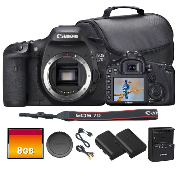 Canon EOS 7D DSLR Camera Bundle | 18MP APS-C Sensor, Dual DIGIC 4 Processors, 19-Point AF System & 8 fps Continuous Shooting | Great for Sports & Wildlife (3814B004) + 8GB CF Card + Bag + Battery