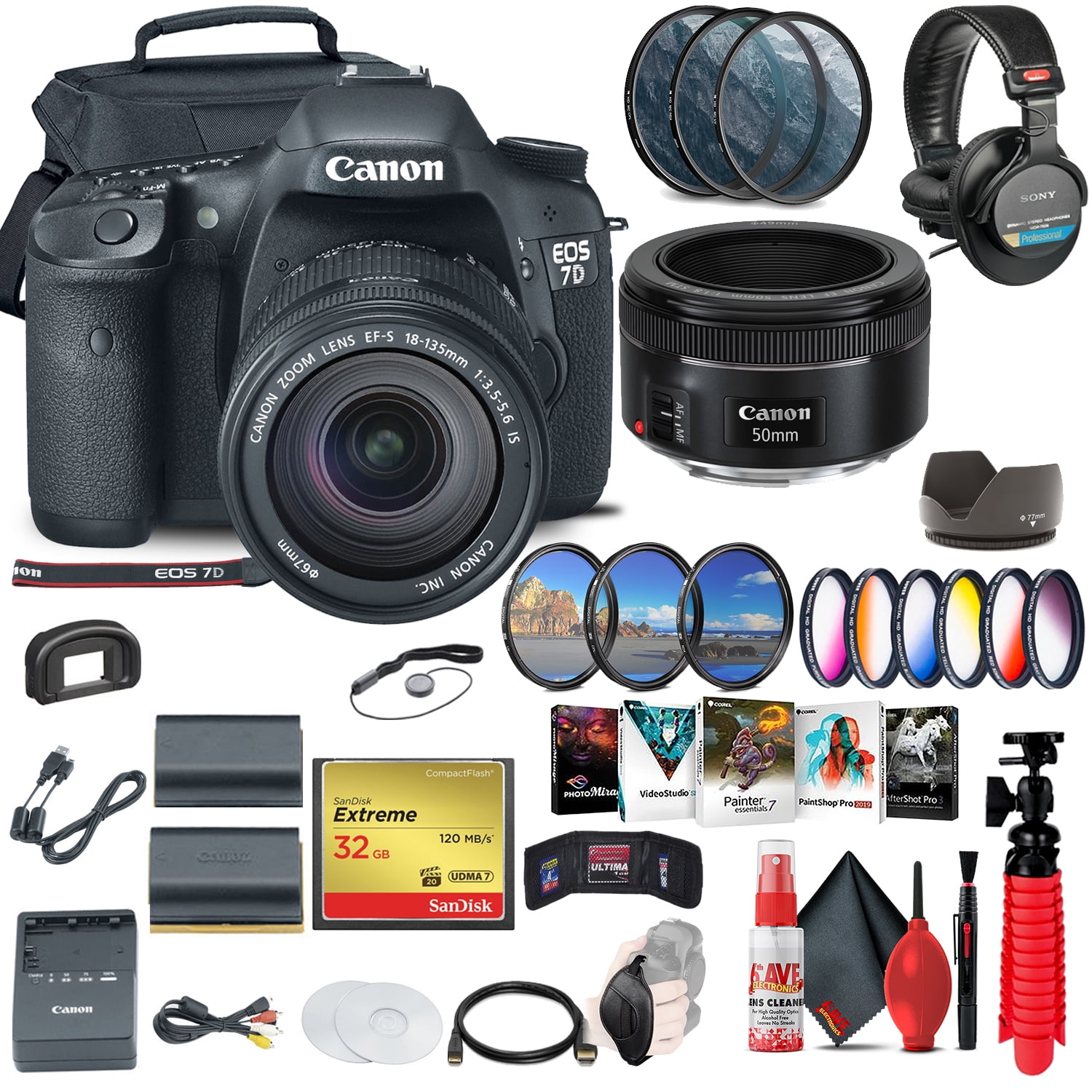 Canon EOS 7D DSLR Camera with 18-135mm Kit (3814B016) + EF 50mm Lens + More