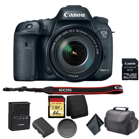 Canon EOS 7D Mark II DSLR Camera with 18-135mm f/3.5-5.6 is USM Lens & Wi-Fi Adapter Bundle Kit with 64GB Memory Card + Carrying Case + More - International Model