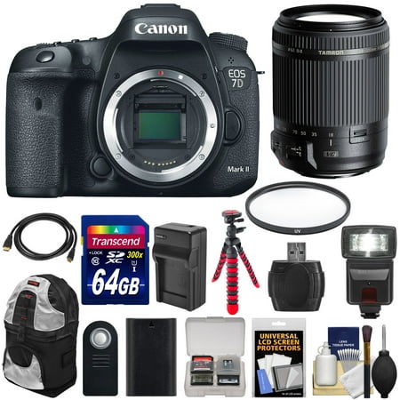 Canon EOS 7D Mark II GPS Digital SLR Camera Body with 18-200mm VC Lens + 64GB Card + Battery & Charger + Backpack + Flash + Tripod + Kit