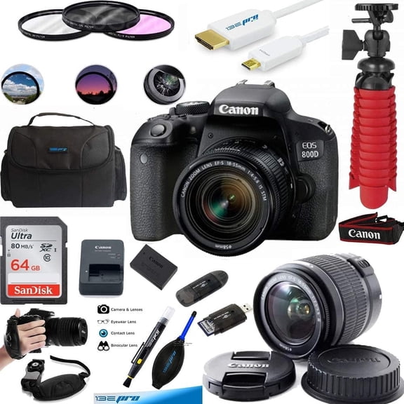 Canon EOS 800D Touchscreen 24.2 MP APS-C DSLR Camera, Bundle with 64GB Class 10 Memory Card, Black, 1