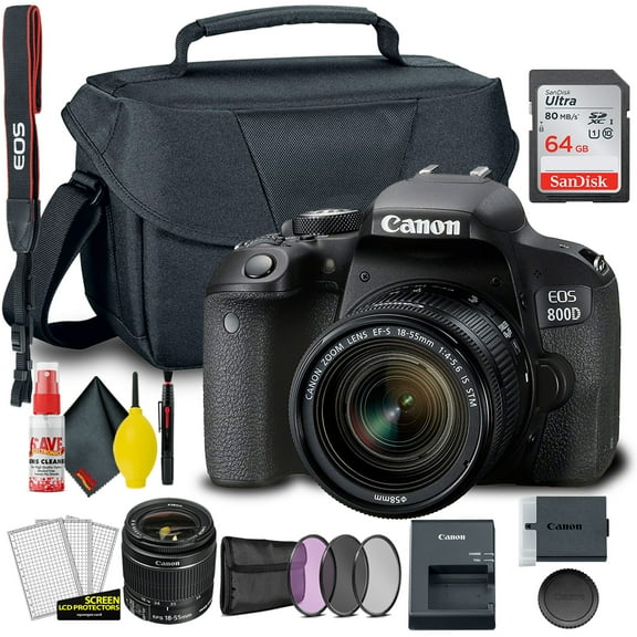 Canon EOS 800D / Rebel T7i DSLR Camera with 18-55mm Lens + Creative Filter Set, EOS Camera Bag + Sandisk Ultra 64GB Card + 6AVE Electronics Cleaning Set, and More (International Model)