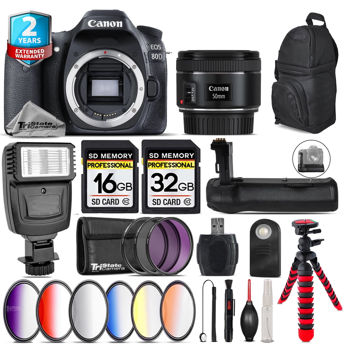 Canon EOS 80D DSLR + 50mm 1.8 IS STM + Slave Flash + Battery Grip