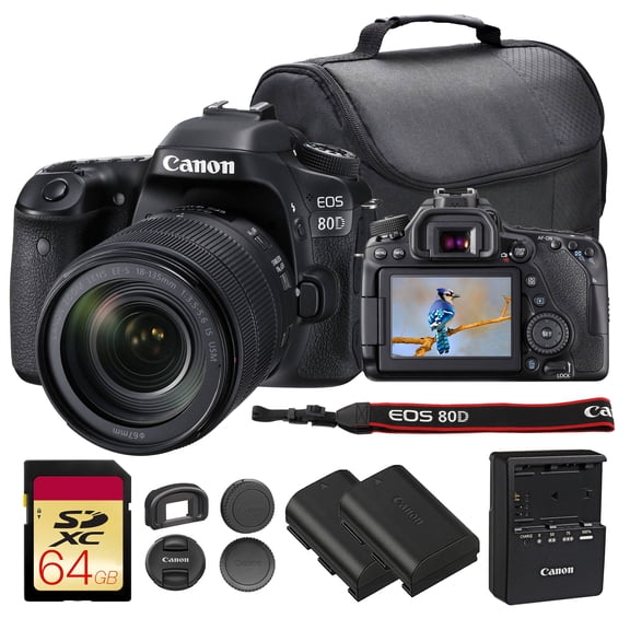 Canon EOS 80D DSLR Camera with 18-135mm Lens Bundle | 24.2MP APS-C Sensor, Dual Pixel CMOS AF, DIGIC 6 & Versatile Zoom Range | Great for Travel & Video (1263C006) + 64GB Card + Camera Bag + Battery
