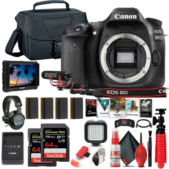 Canon EOS 80D DSLR Camera (Body Only) (1263C004) + 4K Monitor + Mic + More (International Version)