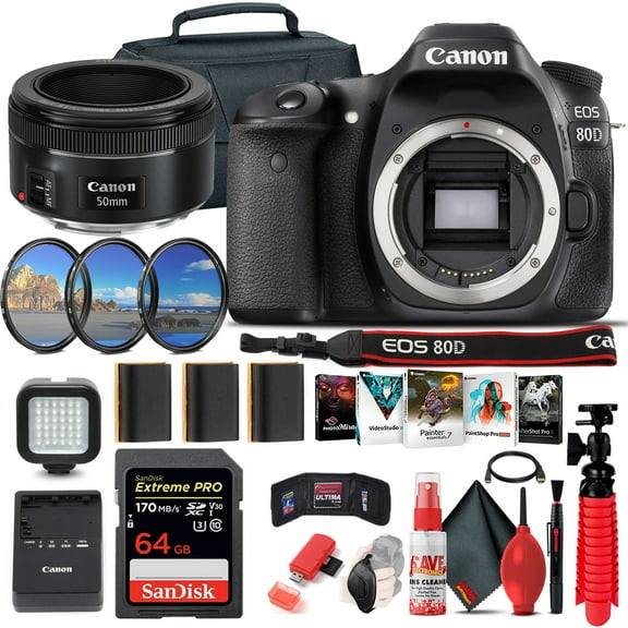 Canon EOS 80D DSLR Camera (Body Only) (1263C004) + EF 50mm Lens + 64GB + More (International Version)