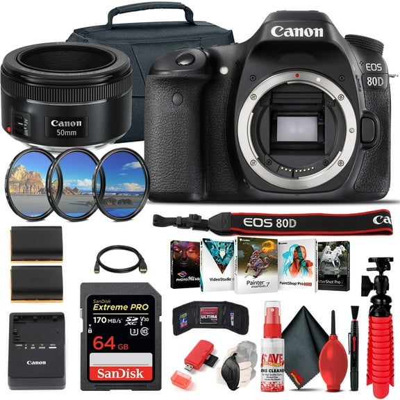 Canon EOS 80D DSLR Camera (Body Only) (1263C004) + EF 50mm Lens + 64GB + More (International Version)