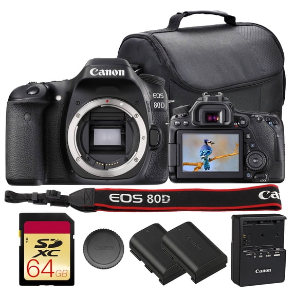 Canon EOS 80D DSLR Camera Bundle | 24.2MP APS-C Sensor, Dual Pixel CMOS AF, DIGIC 6 Processor & Vari-Angle Touchscreen | Great for Video & Vlogging (1263C004) + 64GB Card + Camera Bag + Battery