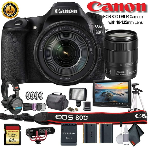 Canon EOS 80D DSLR Camera with 18-135mm Lens W/ Bag, Extra Battery, LED Light, Mic, Filters, Tripod, Monitor and More - Professional Bundle(International Model)