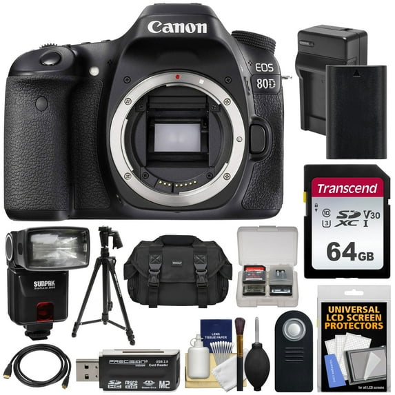 Canon EOS 80D Wi-Fi Digital SLR Camera Body with 64GB Card + Battery + Charger + Case + Flash + Tripod + Kit